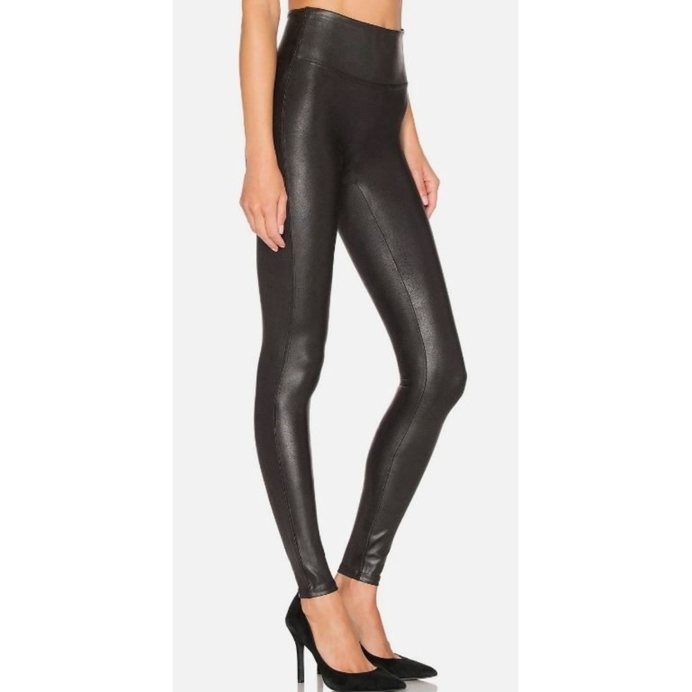Spanx Womens LARGE Black Faux Leather High Rise Tummy Control Leggings 20191R